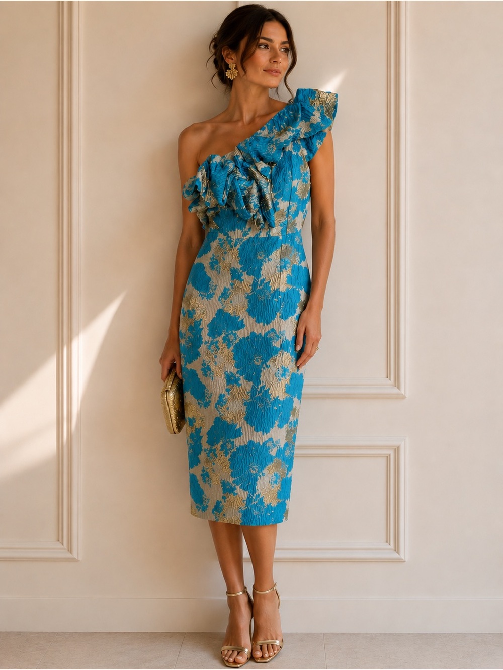 Eliya The Label Brielle One-Shoulder Blue and Gold Floral Midi Dress